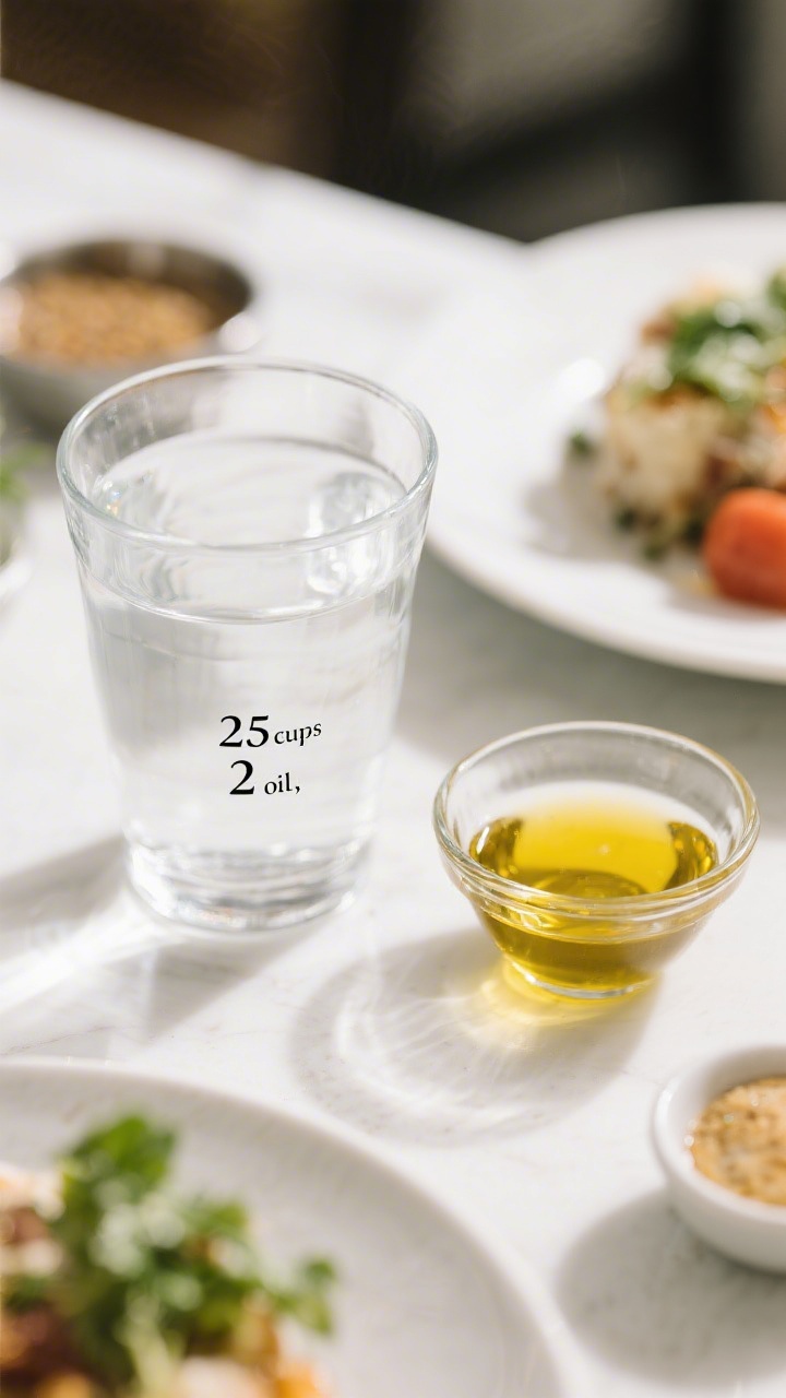 25 cups water + 2 tbsp oil” subtly in frame; bright, natural light and crisp styling.