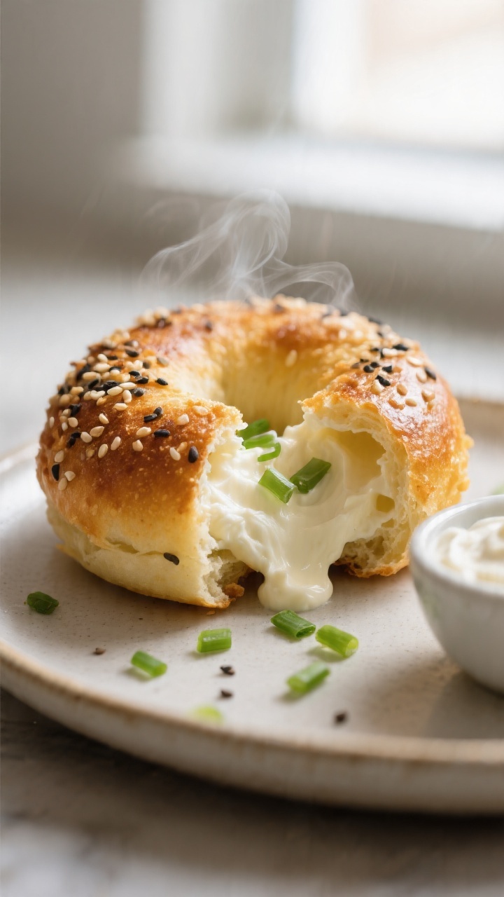 Close-up detail: A just-air-fried everything bagel bite torn open to reveal creamy, melty whipped cr