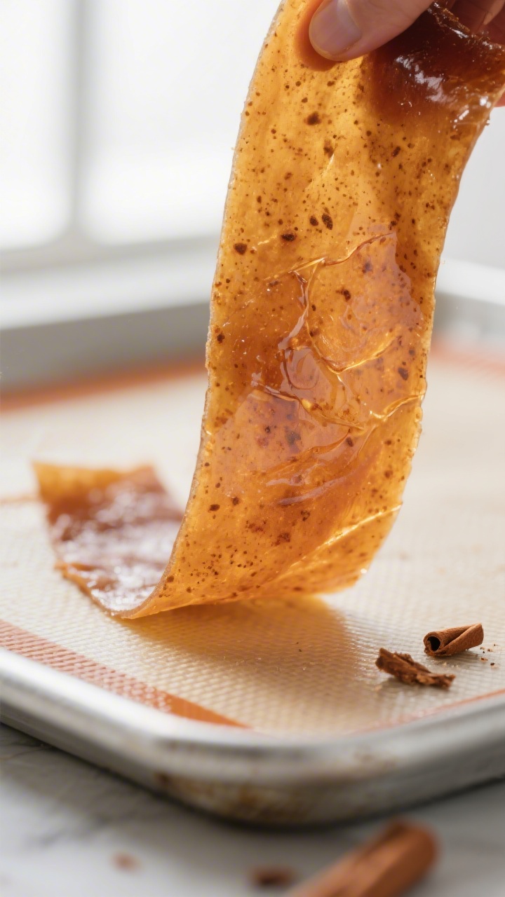 Close-up detail: A ribbon of finished apple cinnamon fruit leather being peeled back from a silicone