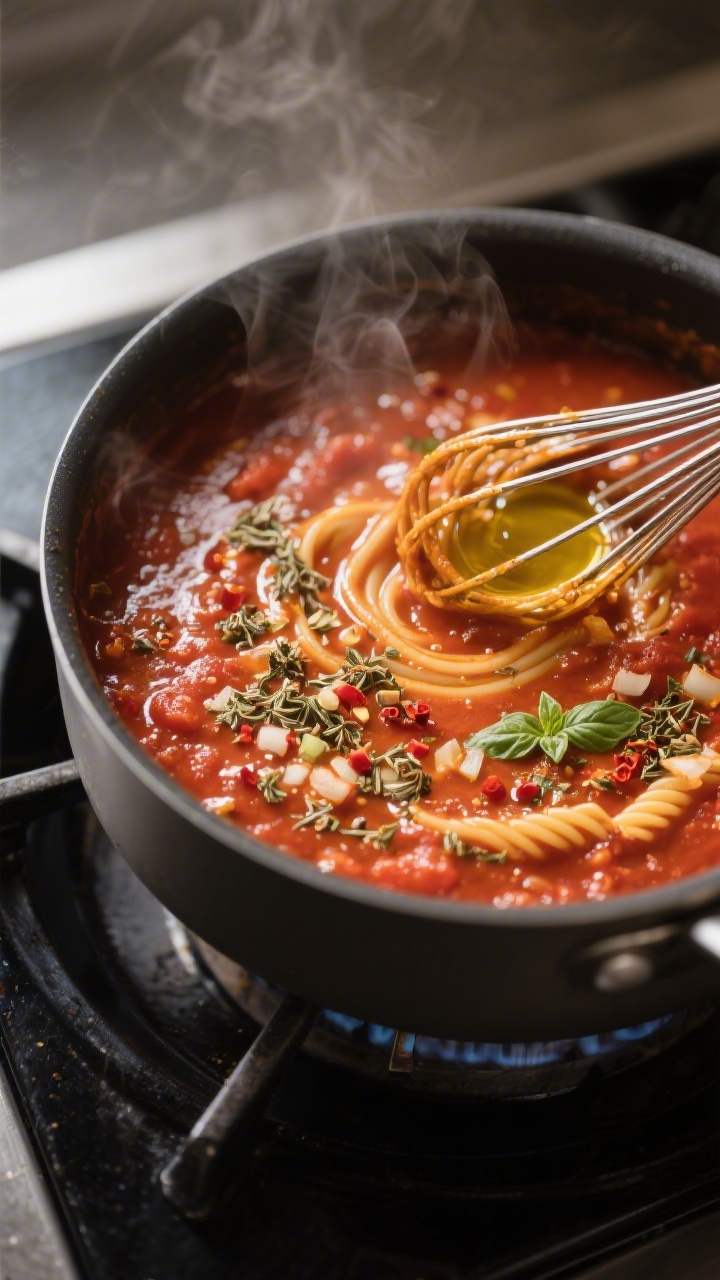 Close-up detail: A saucepan of rehydrated dehydrated pasta sauce gently simmering on the stovetop, g