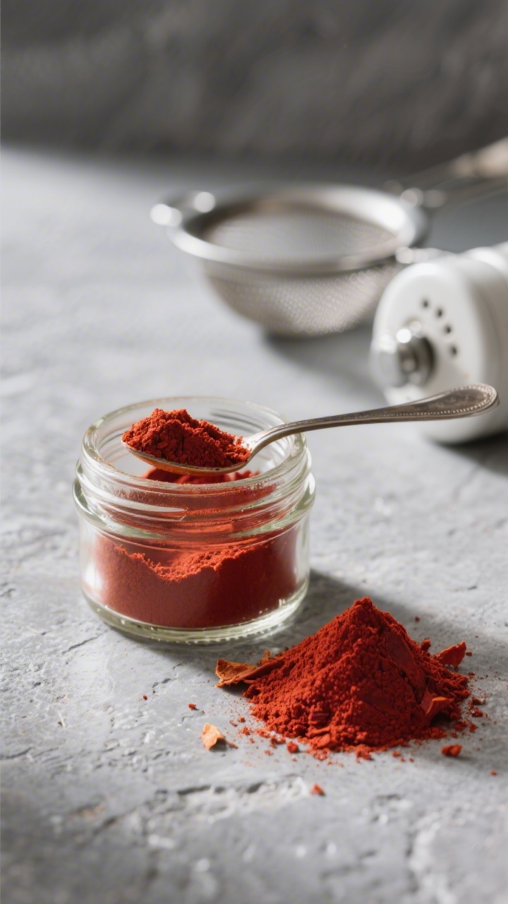 Close-up detail: A small glass jar of deep-red dehydrated tomato powder on a cool gray stone surface