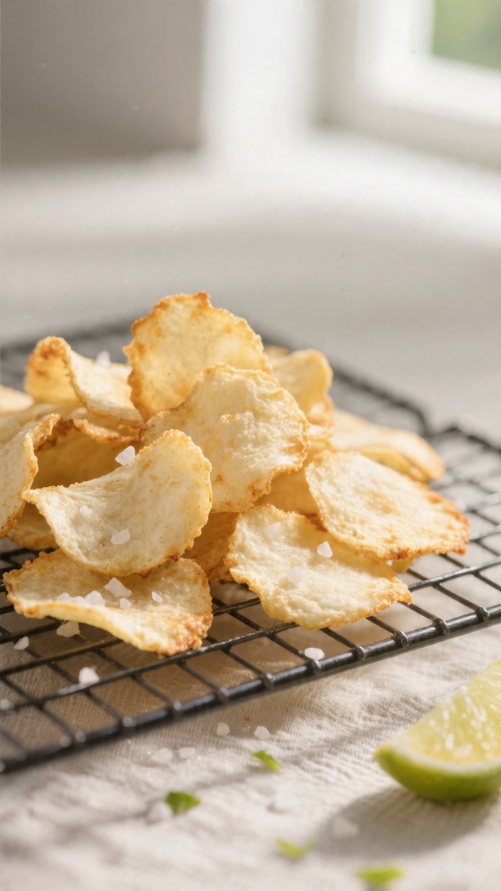 Close-up detail: A small pile of air-fried durian chips just cooled on a wire rack, pale gold to lig