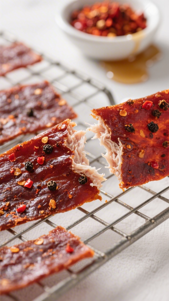 Close-up detail: A strip of finished ground turkey jerky torn open to reveal white interior fibers a