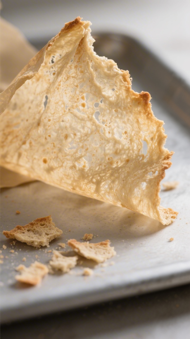 Close-up detail: A thin, fully dried sheet of golden-beige dehydrated sourdough starter lifted from