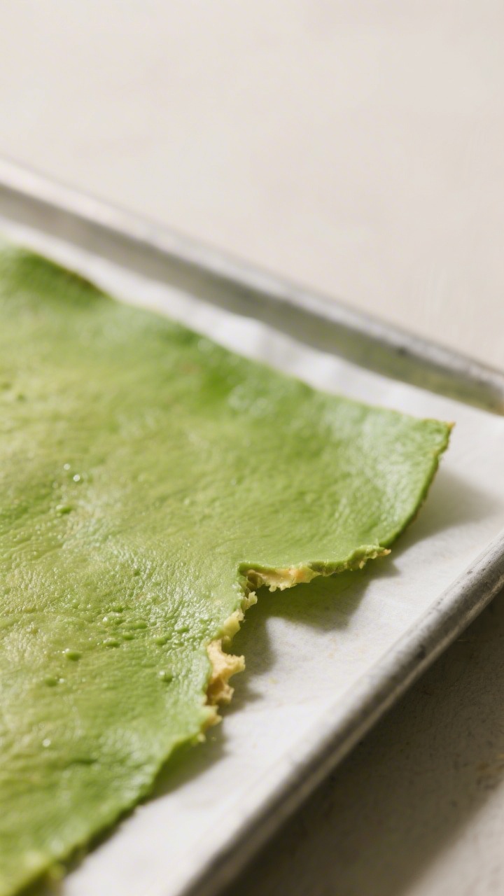 Close-up detail: A thin, vibrant green avocado leather sheet just finished dehydrating on a lined tr