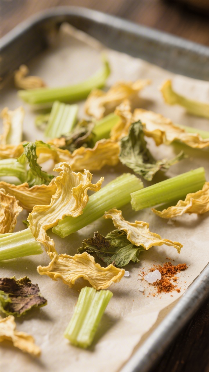 Close-up detail: A tight macro of crisp, fully dehydrated celery flakes scattered on a parchment-lin