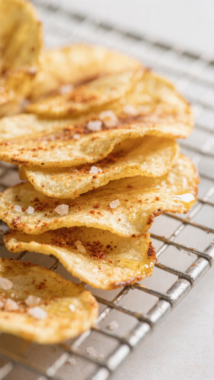 Close-up detail: A tight macro of freshly air-fried plantain chips cooling on a wire rack, ultra-thi