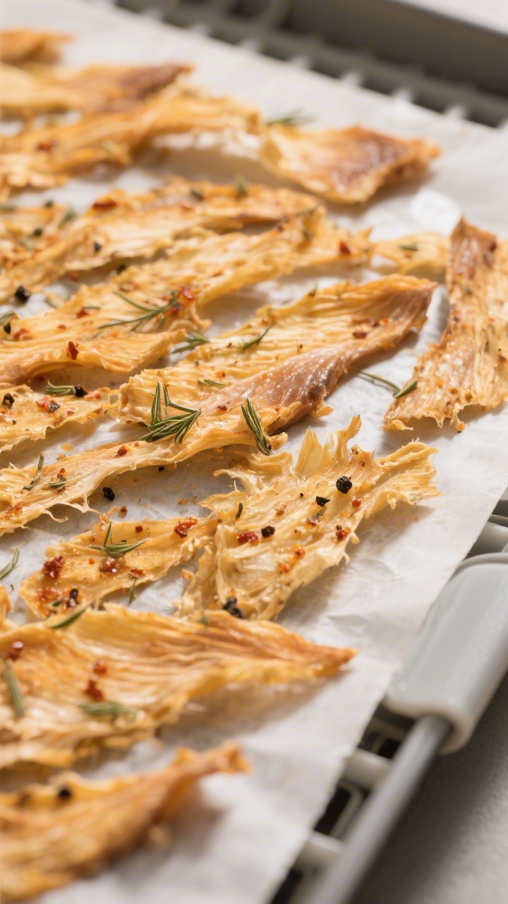 Close-up detail: A tight macro of fully dehydrated tuna flakes spread thin on a parchment-lined dehy