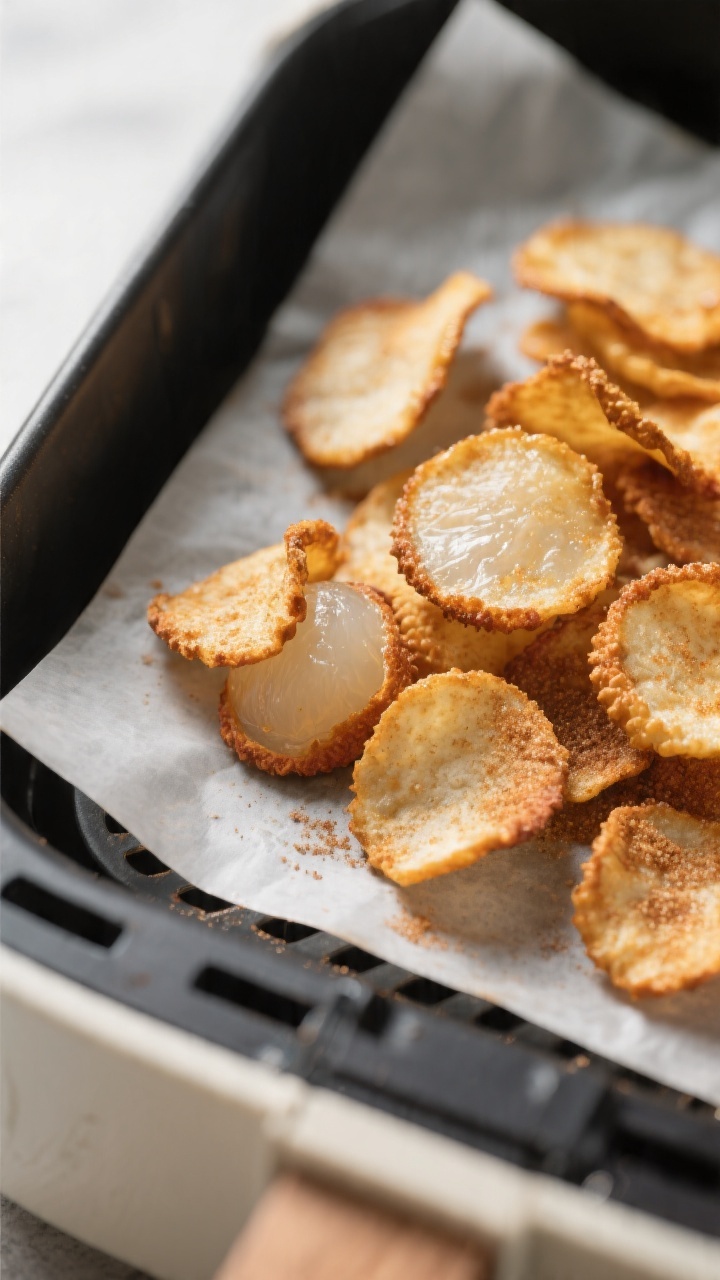 Close-up detail: A tray of air-fried lychee chips just finished cooking, golden-brown edges with sli