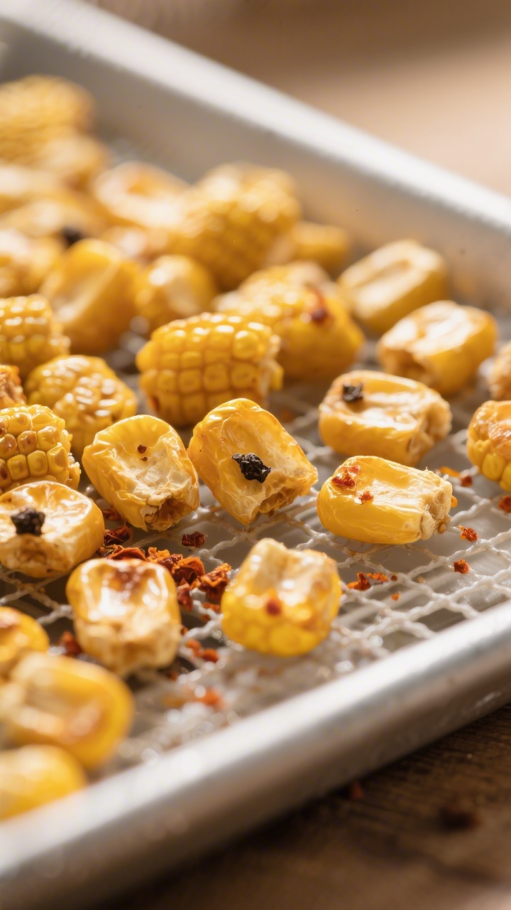 Close-up detail: A tray of dehydrated corn kernels fresh from the dehydrator, golden-yellow and deep
