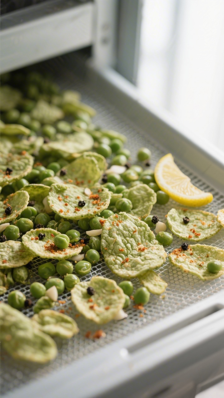 Close-up detail: A tray of fully dehydrated green pea crisps in a dehydrator, peas separated in a si