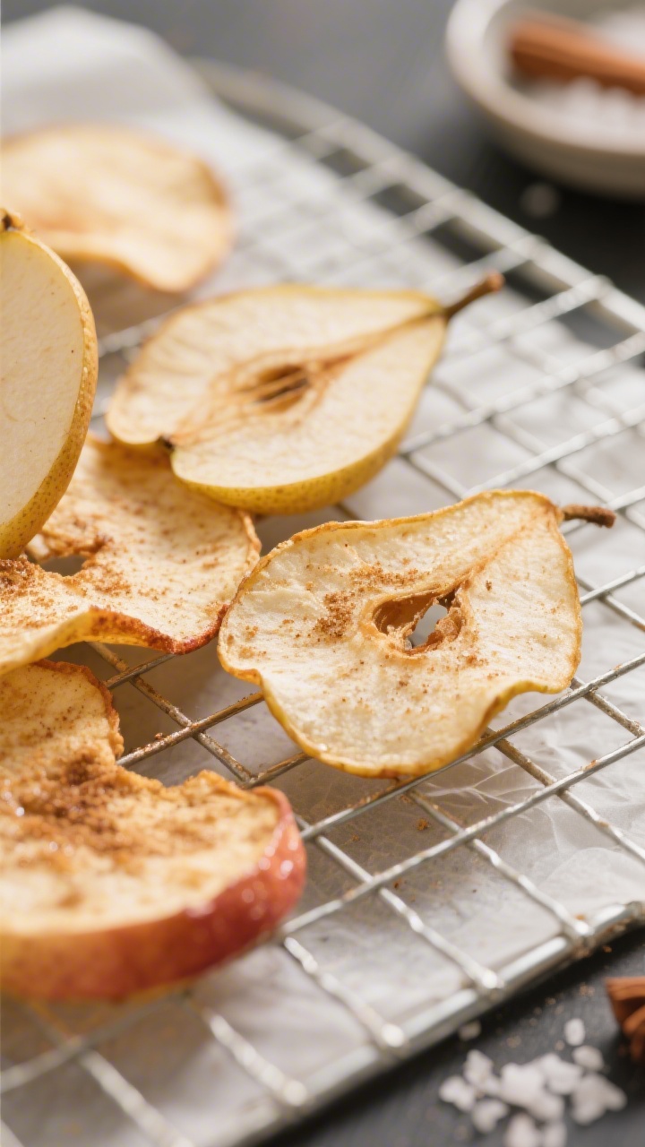 Close-up detail: Air-fried apple and pear chips just cooled on a wire rack, edges slightly curled an