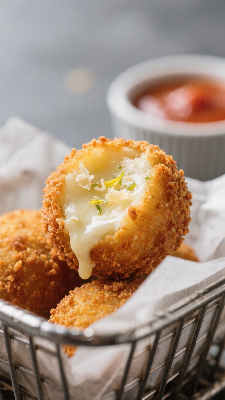 Close-up detail: Air-fried arancini just out of the basket, deep golden panko crust with visible cri