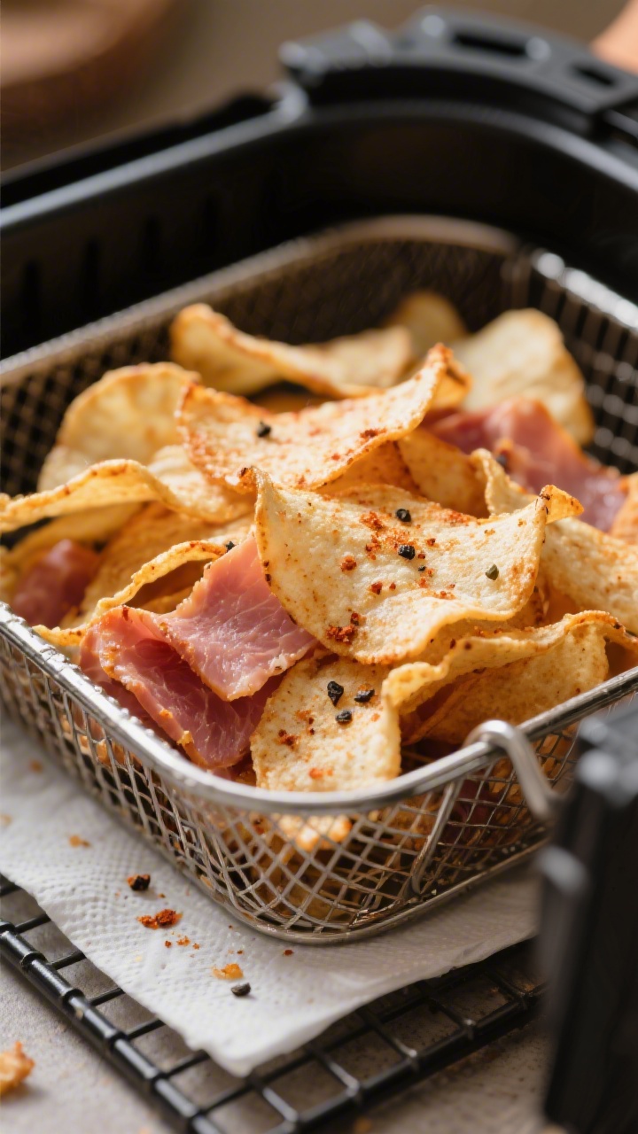 Close-up detail: Air fryer ham chips just out of the basket, ultra-crispy curled edges with tiny bli