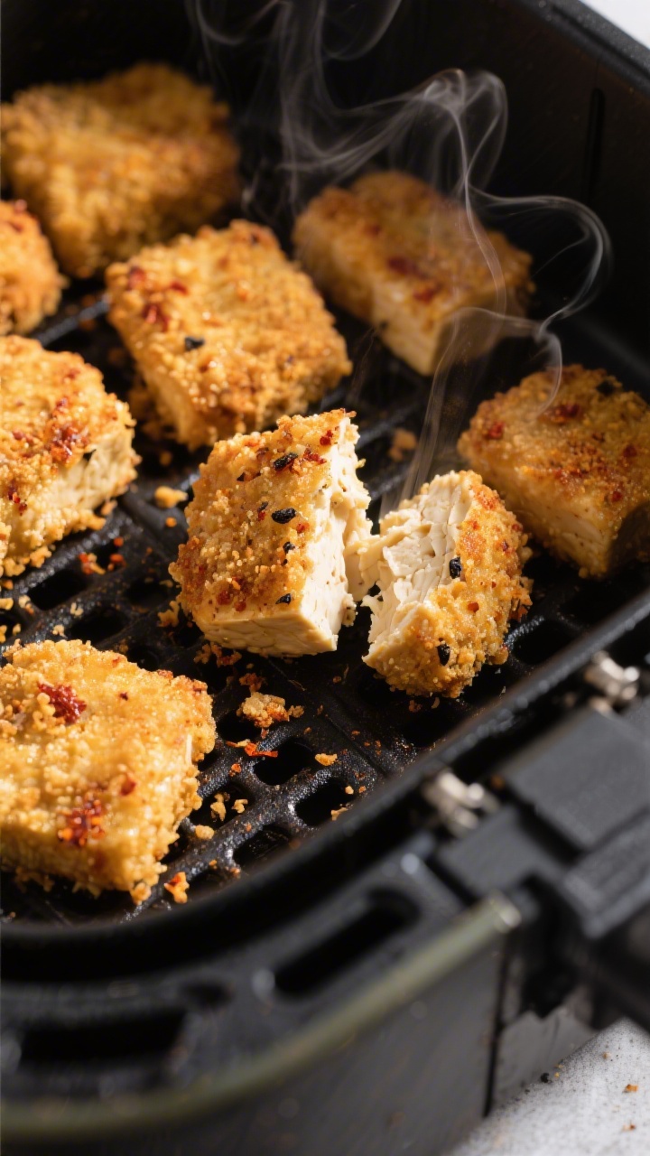 Close-up detail: Air fryer tofu nuggets just finished cooking in the basket, deep golden panko crust