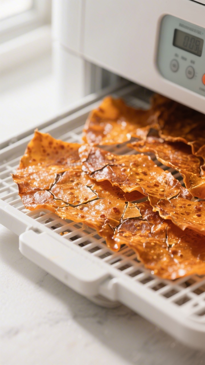 Close-up detail: Brittle, fully dried pumpkin leather sheets on a silicone dehydrator tray, edges cu