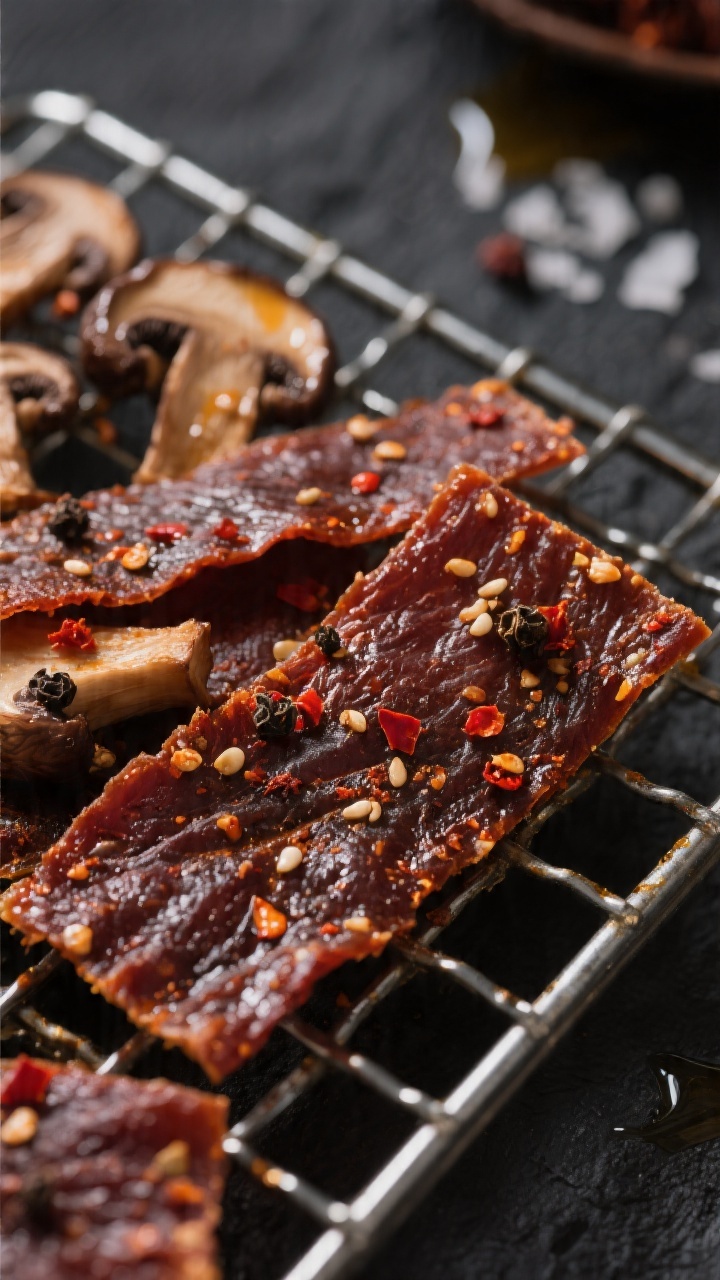 Close-up detail: Chewy air-fried mushroom jerky slices just out of the basket, deep mahogany edges w