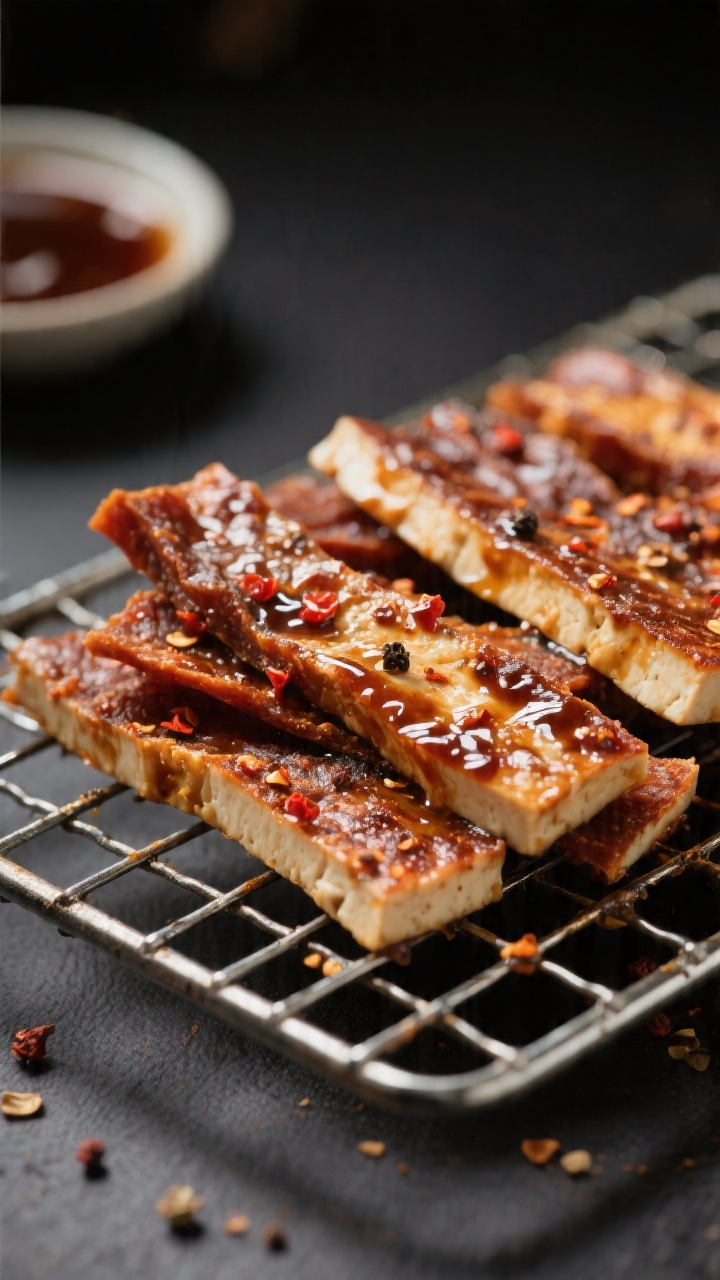 Close-up detail: Chewy air fryer tofu jerky strips just cooled on a wire rack, edges slightly darken