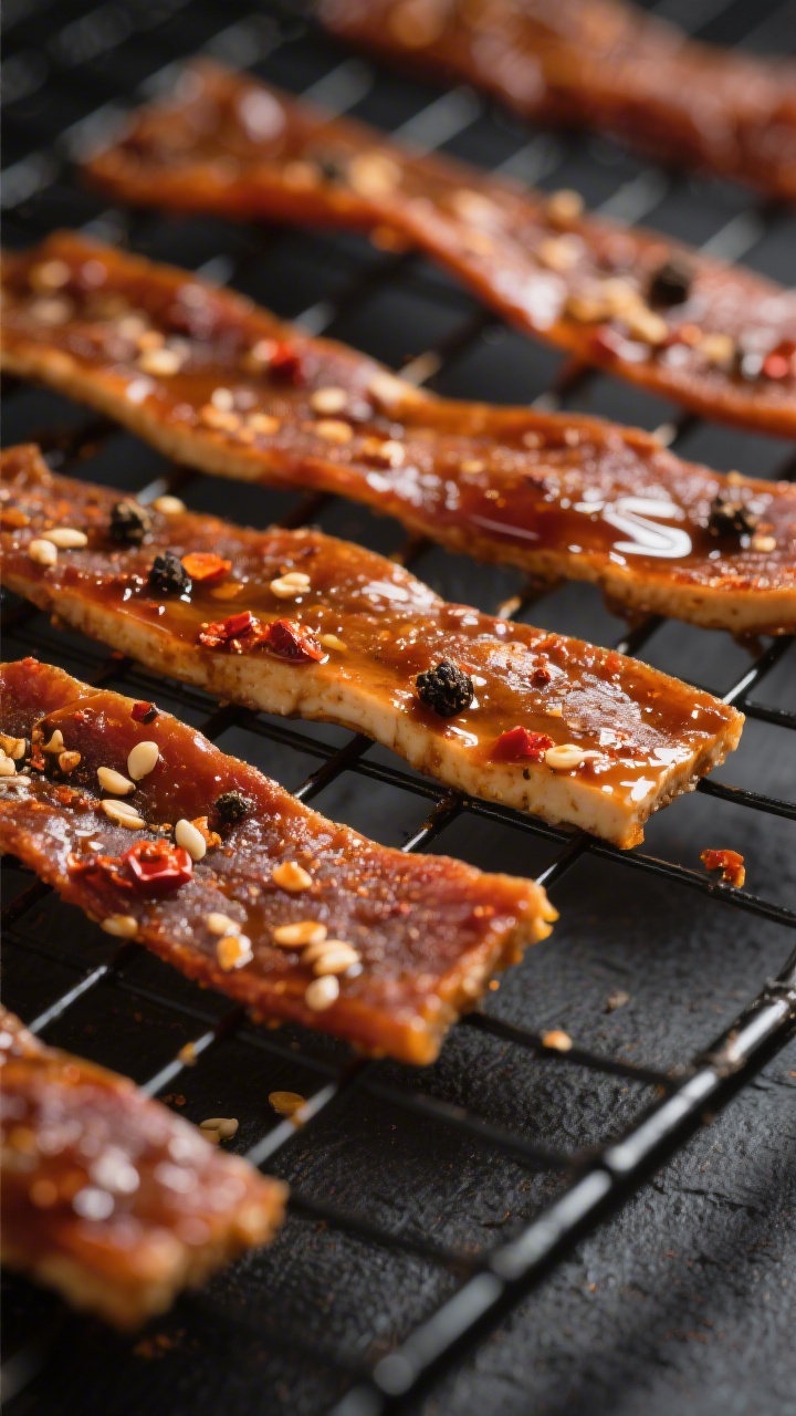 Close-up detail: Chewy strips of dehydrated tofu jerky just cooled on a wire rack, glistening with a