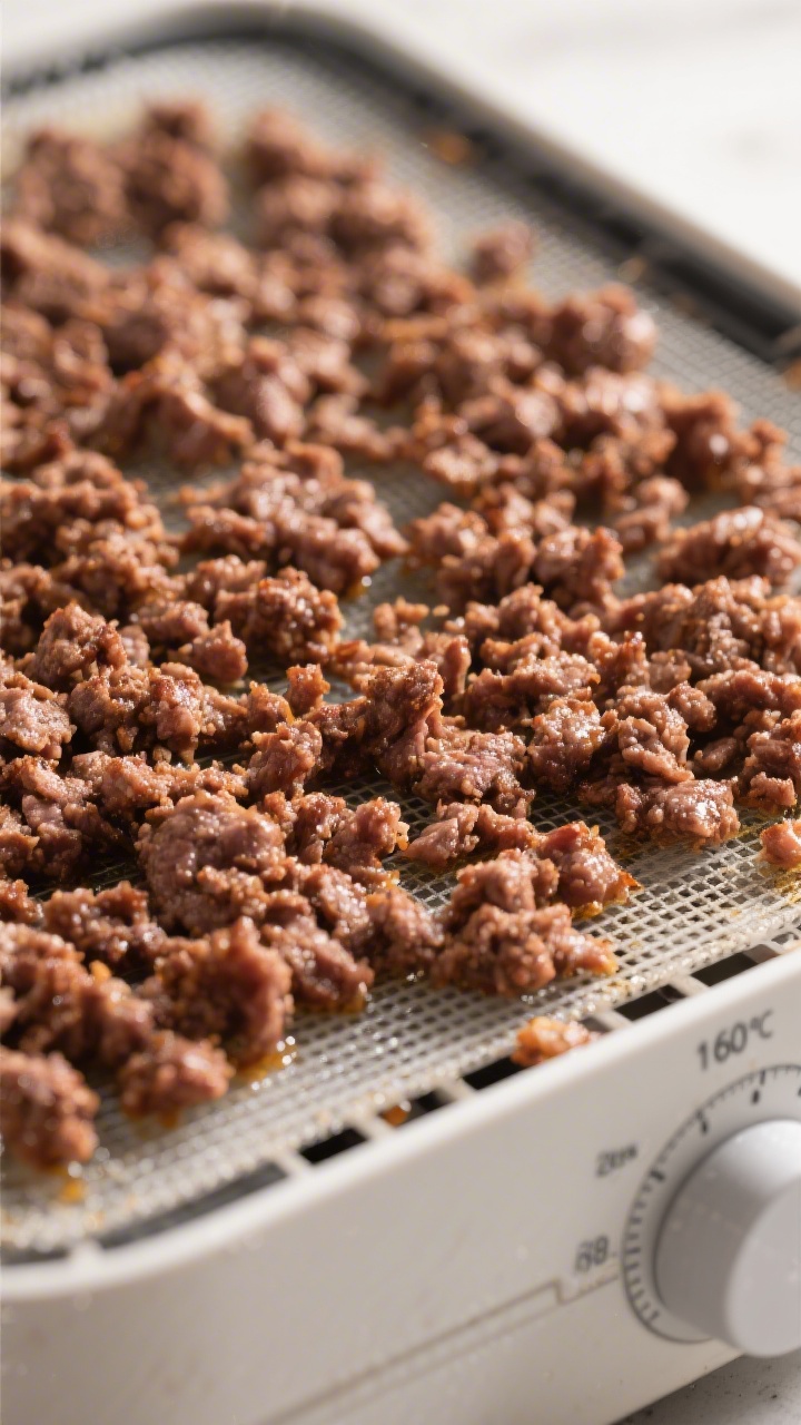 Close-up detail: Cooked, well-browned lean ground beef crumbles post-rinse, spread in a single even