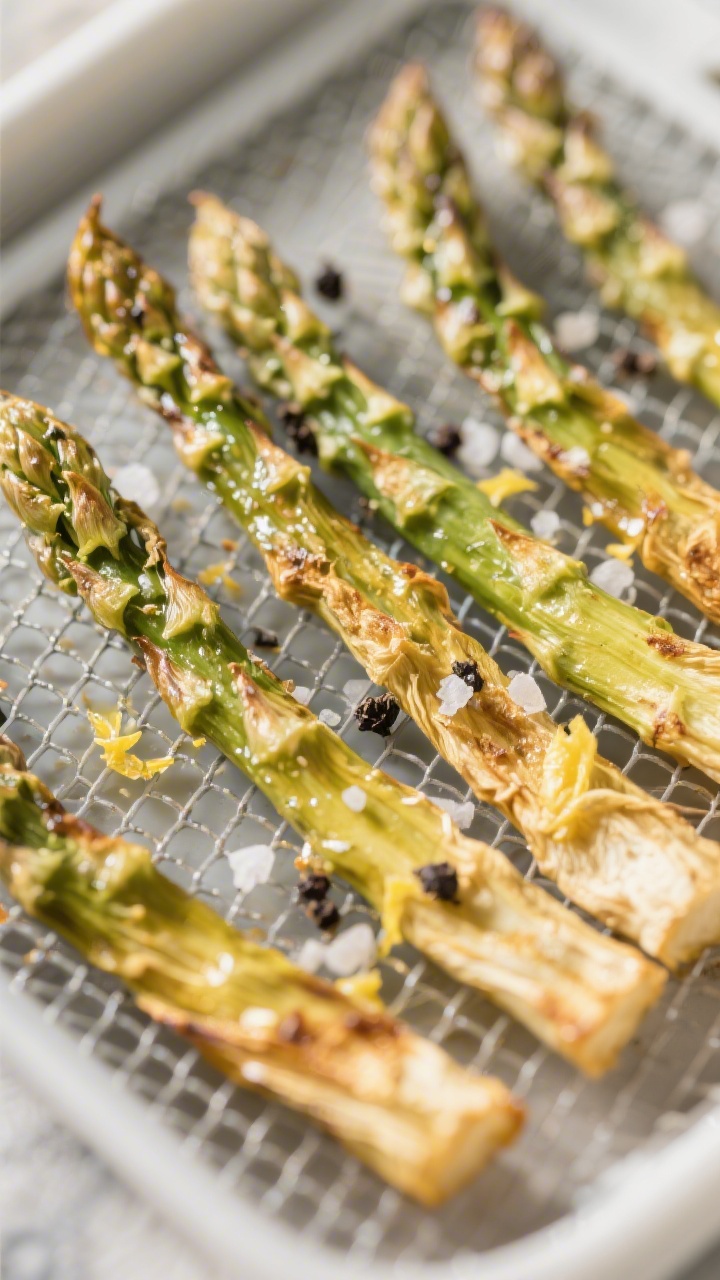 Close-up detail: Crisp dehydrated asparagus spears on a mesh dehydrator tray, golden-green with ligh