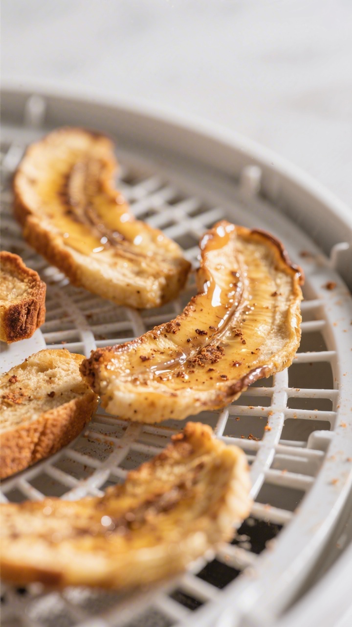 Close-up detail: Crisp dehydrated banana bread chips just cooled on a mesh dehydrator tray, cinnamon