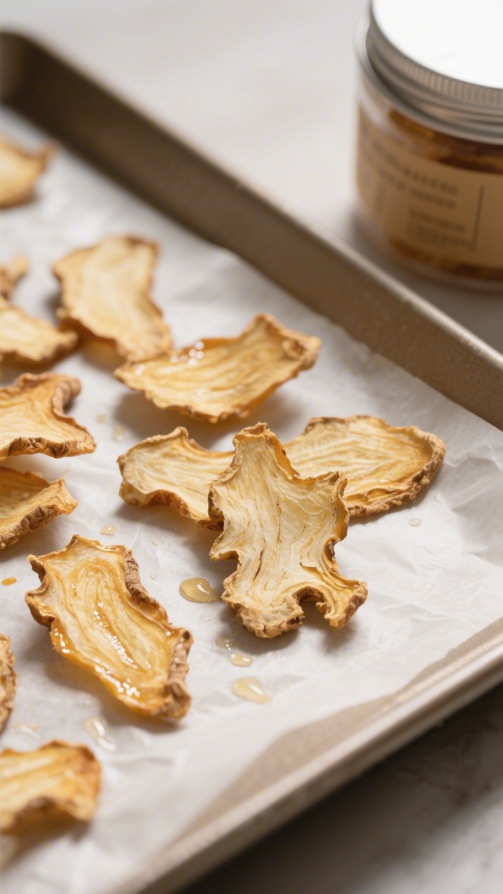 Close-up detail: Crisp dehydrated ginger root slices scattered on a parchment-lined tray, showing tr
