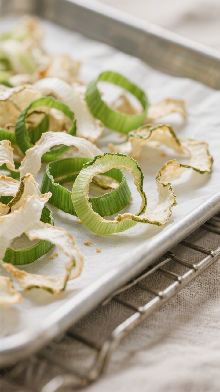 Close-up detail: Crisp, dehydrated scallion rings and flakes just cooled on a parchment-lined tray,