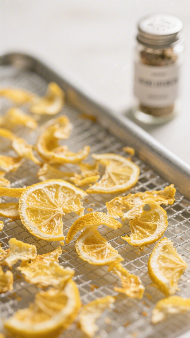 Close-up detail: Crisp, fully dehydrated lemon zest flakes scattered thinly across a mesh dehydrator