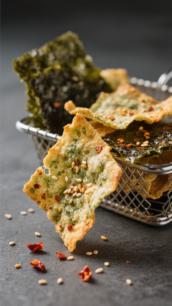 Close-up detail: Crisped air-fried nori chips just out of the basket, edges slightly darkened and sh
