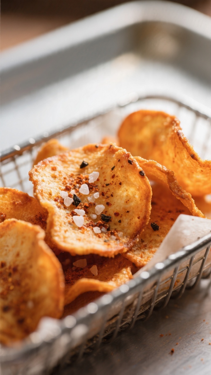 Close-up detail: Crispy air-fried carrot chips just out of the basket, edges lightly browned and cur