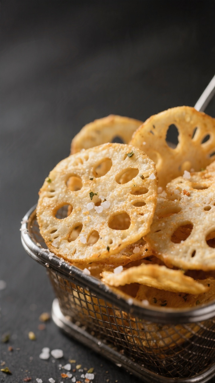 Close-up detail: Crispy air fryer lotus root chips just out of the basket, lightly golden at the edg