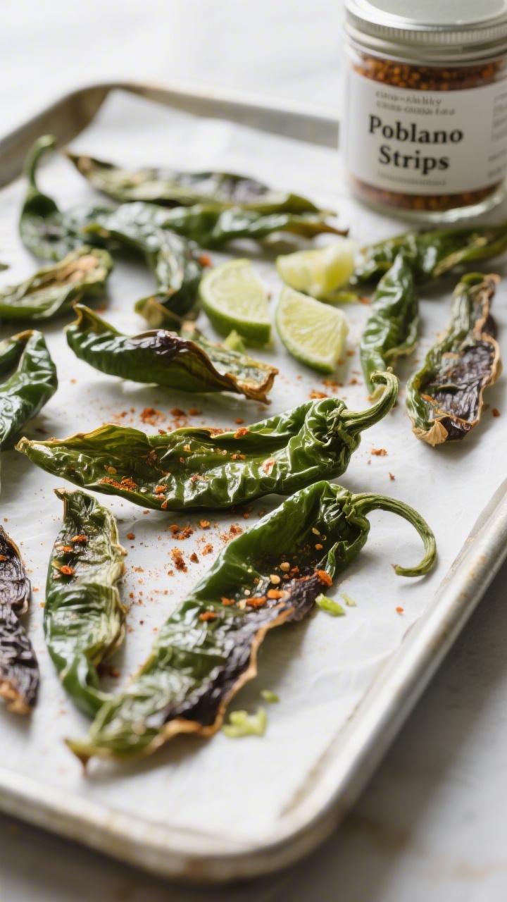 Close-up detail: Dehydrated poblano pepper strips spread on a parchment-lined baking sheet just afte