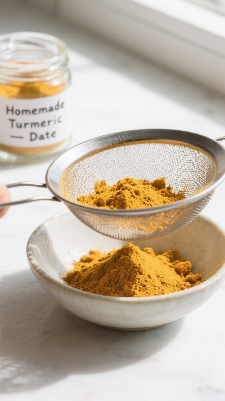 Close-up detail: Finely ground homemade turmeric powder being sifted through a fine-mesh sieve into