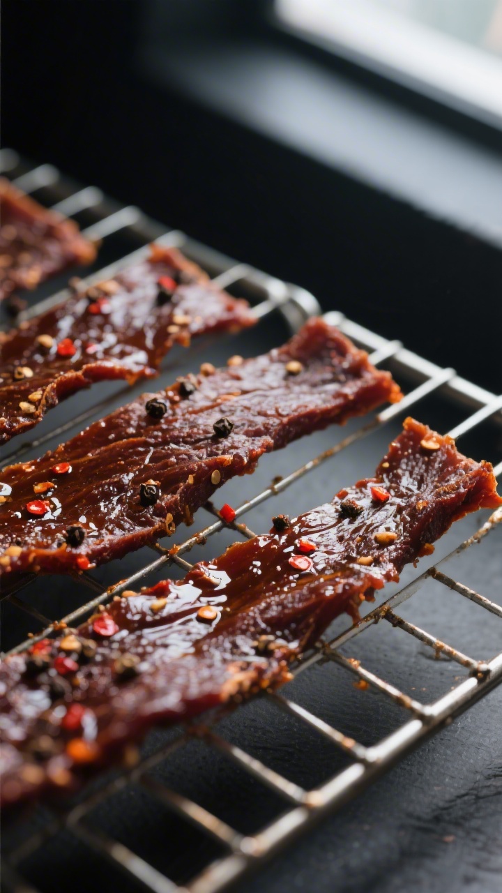 Close-up detail: Glazed air fryer beef jerky strips just after drying, deep mahogany-brown with slig