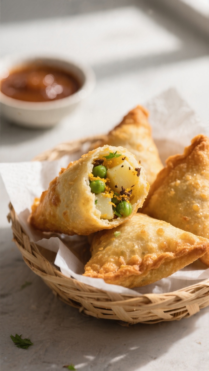 Close-up detail: Golden, air-fried samosa bites just out of the basket, one bite cracked open to rev