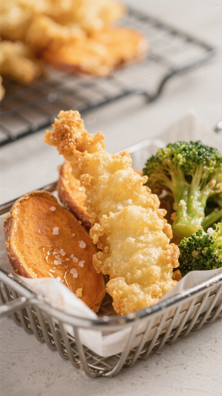 Close-up detail: Golden air-fried tempura broccoli and sweet potato slices just out of the basket, u