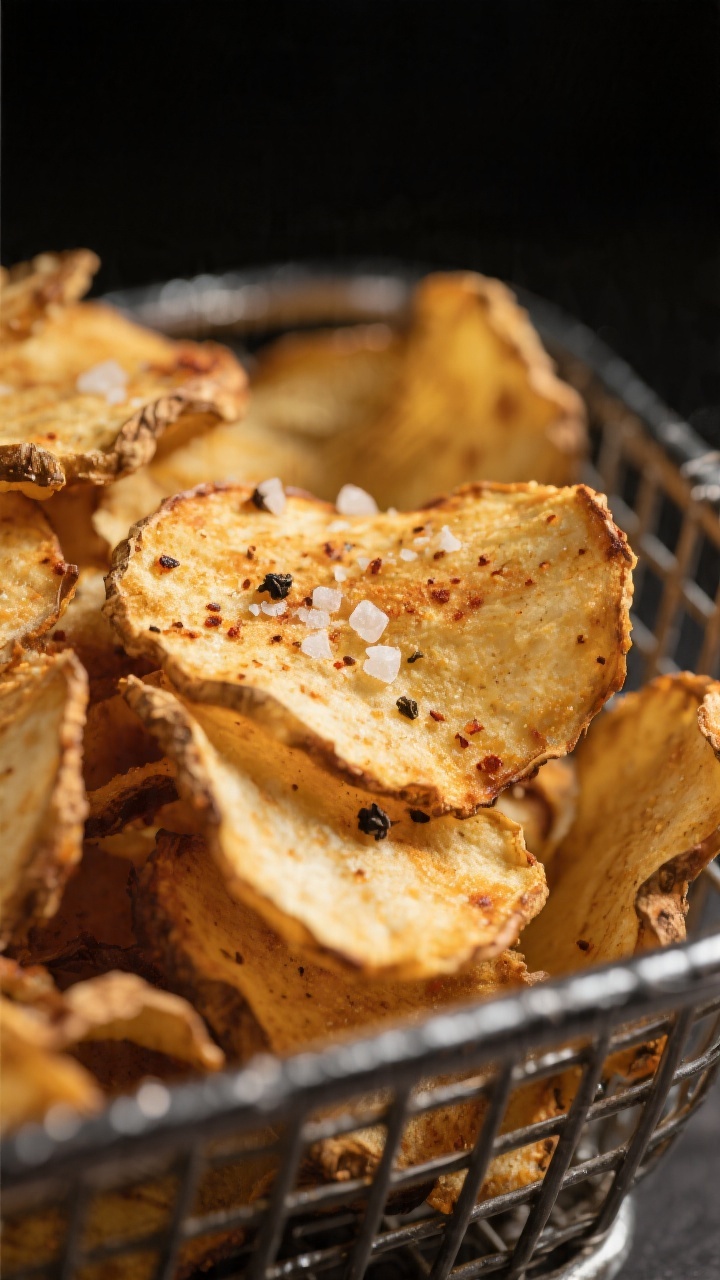 Close-up detail: Golden-brown air-fried sunchoke chips just out of the basket, resting on a wire rac