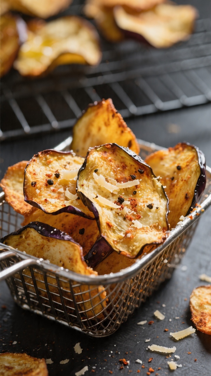 Close-up detail: Golden-brown air fryer eggplant chips just out of the basket, edges deeply carameli