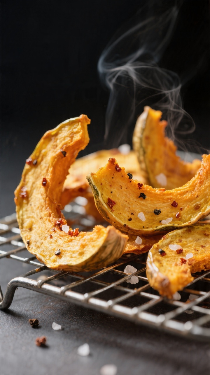 Close-up detail: Golden, crispy air fryer acorn squash chips just out of the basket, edges curled an