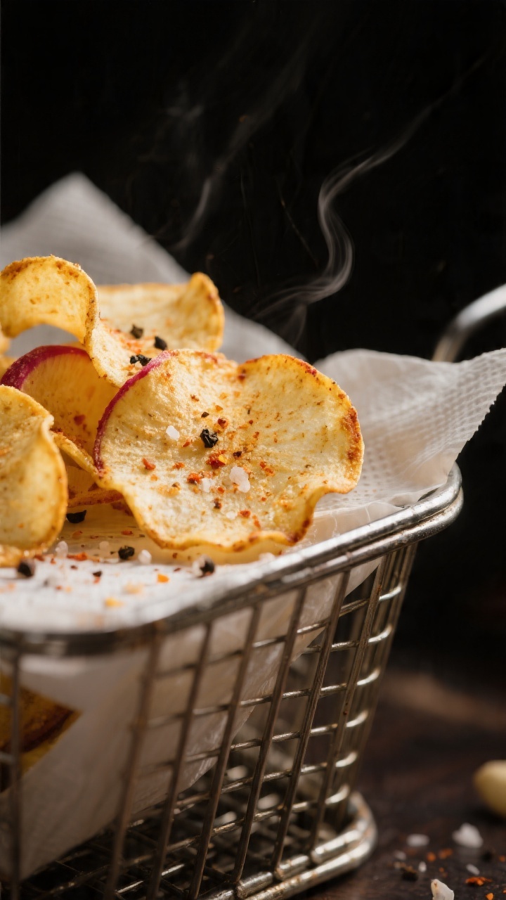 Close-up detail: Golden, curled-edge air fryer radish chips fresh from the basket, lightly dusted wi