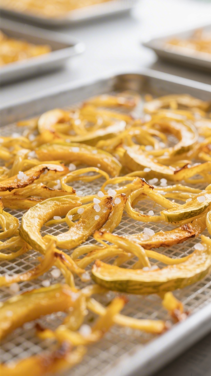 Close-up detail: Golden roasted spaghetti squash shreds spread thinly on a dehydrator tray lined wit