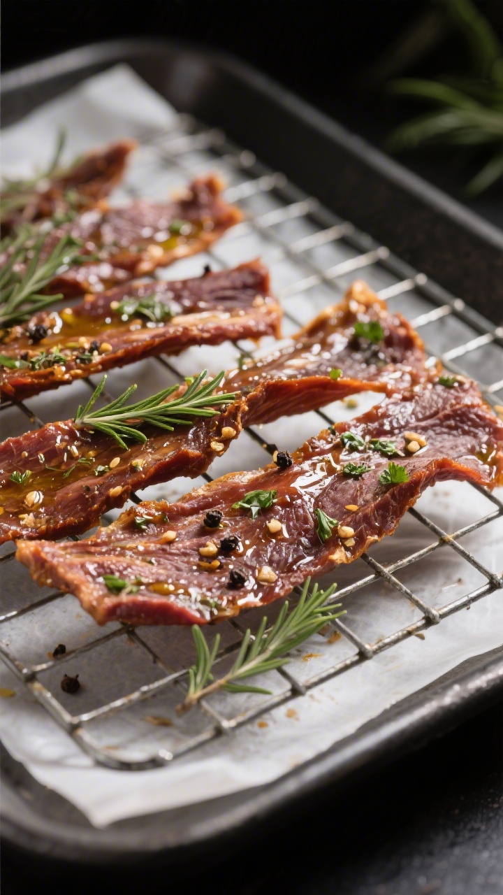 Close-up detail: Herb-marinated lamb jerky strips cooling on a wire rack after drying, glistening wi