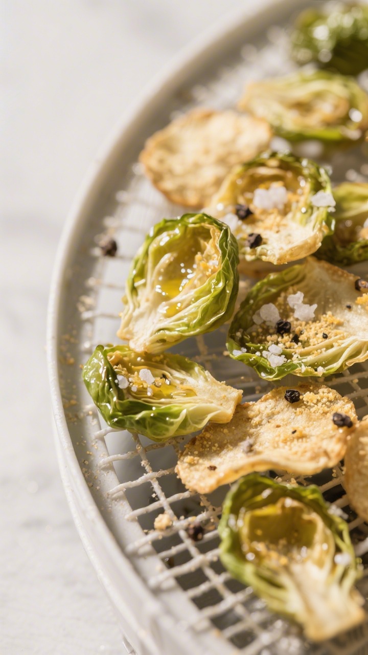 Close-up detail of dehydrated Brussels sprout chips just finished and cooling on mesh dehydrator tra