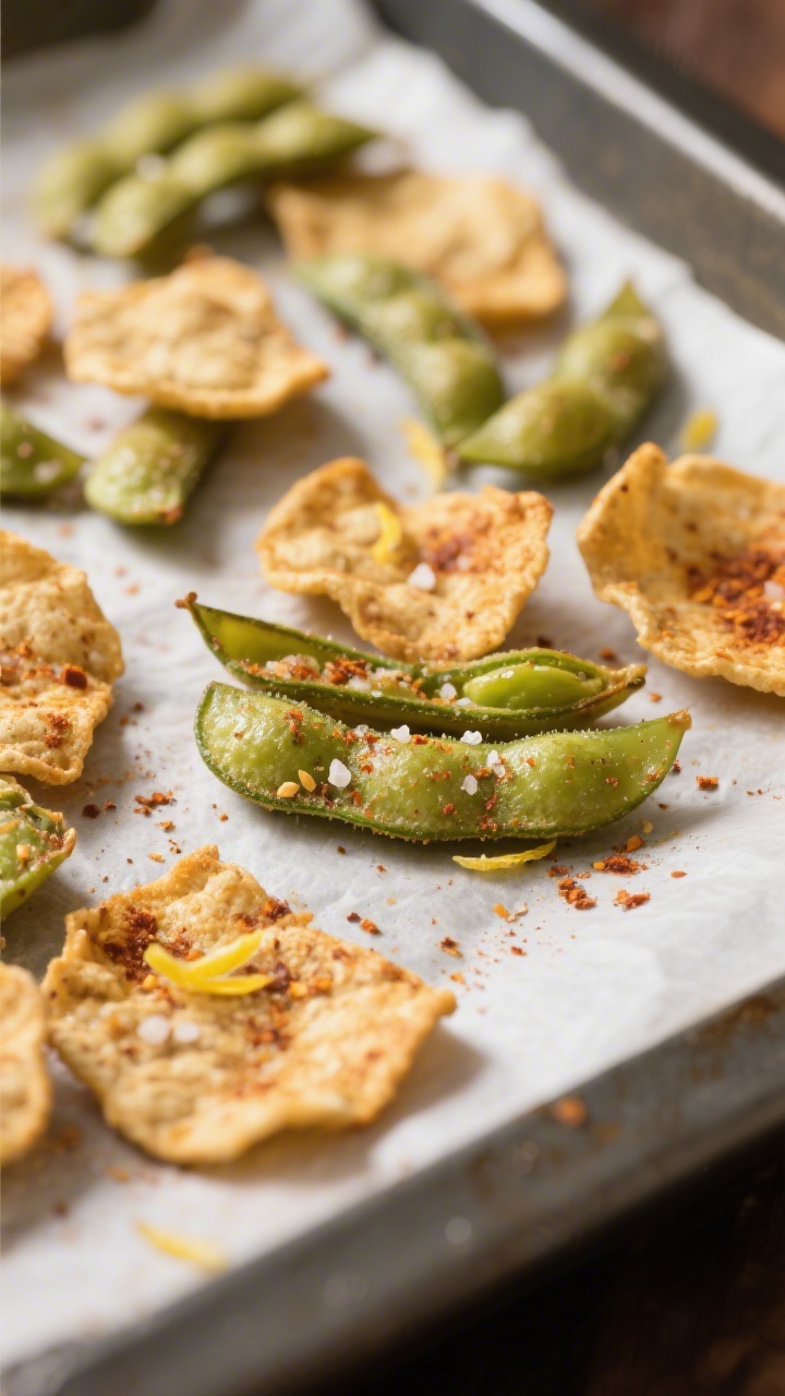 Close-up detail of dehydrated edamame crisps just out of the oven, perfectly dry and snappy with vis
