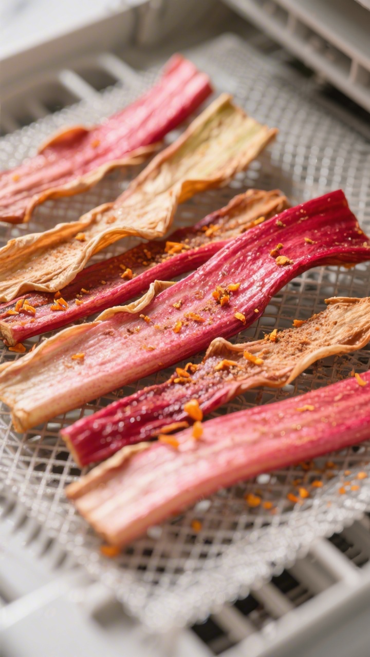 Close-up detail of dehydrated rhubarb strips just finished drying on a dehydrator tray, showing glos