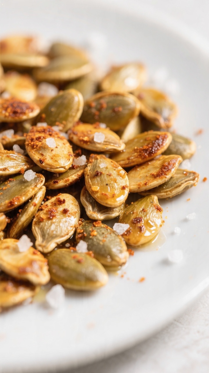 Close-up detail of freshly air-fried savory pumpkin seeds right after cooking, golden brown and glis