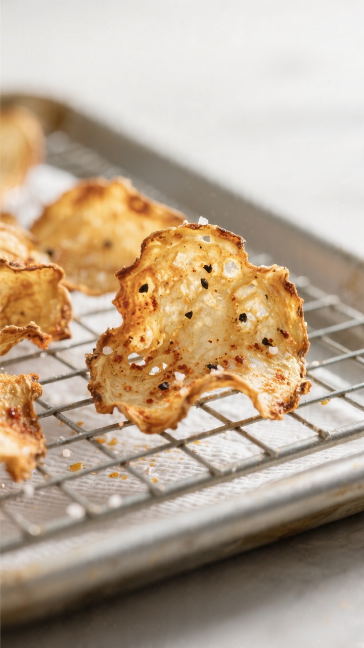 Close-up detail of golden-brown air fryer celery root chips just finished cooking, edges curled and