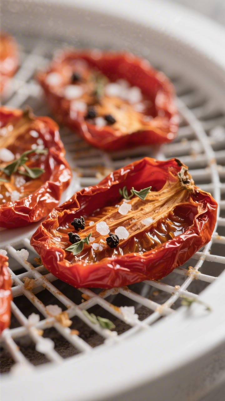 Close-up detail: Pliable, leathery dehydrated Roma tomato halves resting on a mesh dehydrator tray,