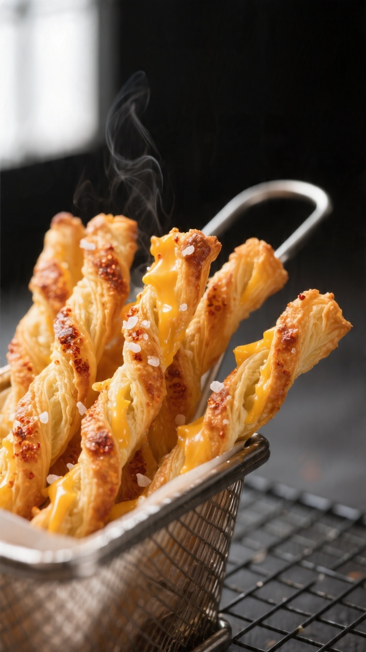 Close-up detail shot of freshly air-fried cheese straws just out of the basket, showing deep golden,